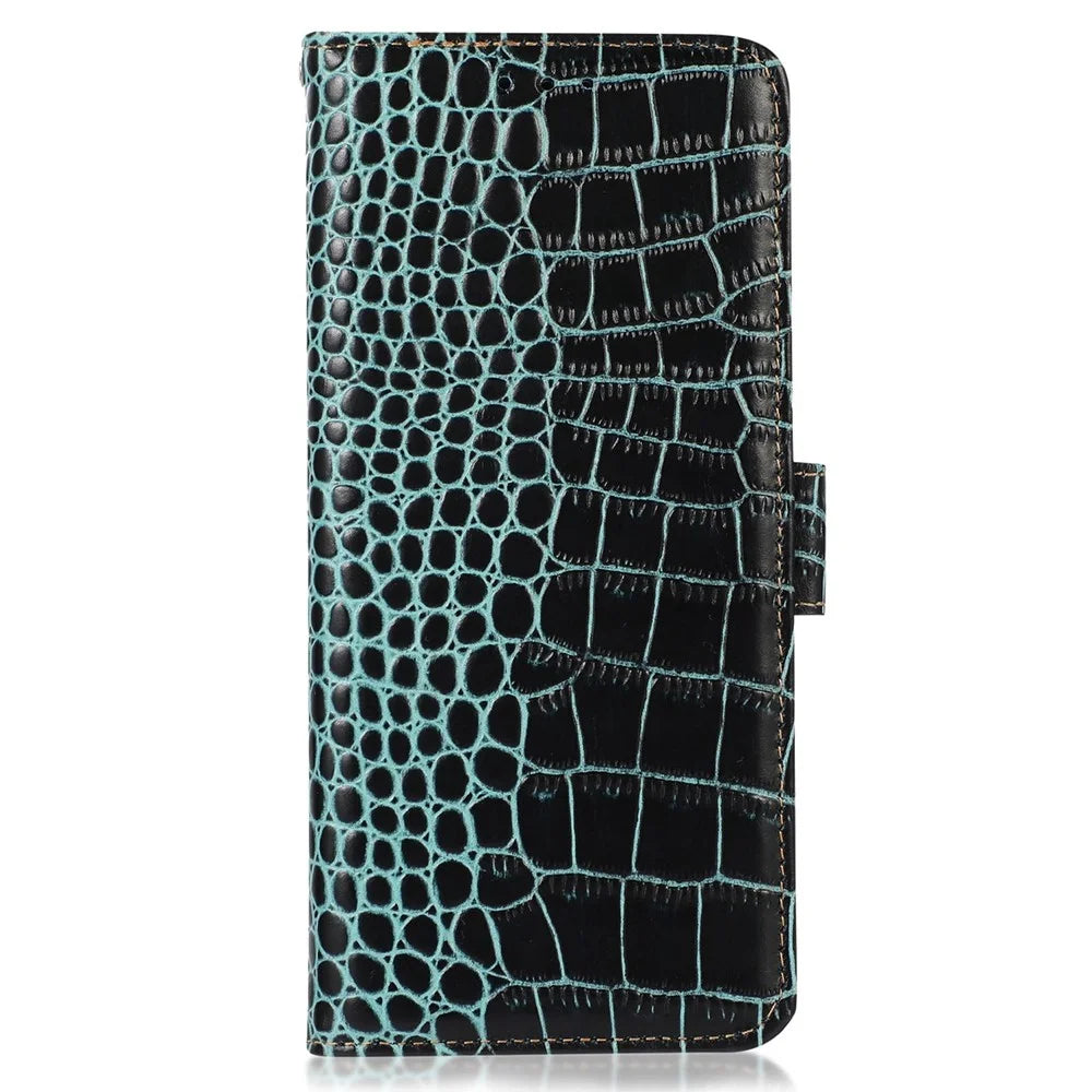 For Samsung Galaxy A37 5G Case RFID Blocking Wallet Crocodile Texture Genuine Cow Leather Phone Cover - Green - 7