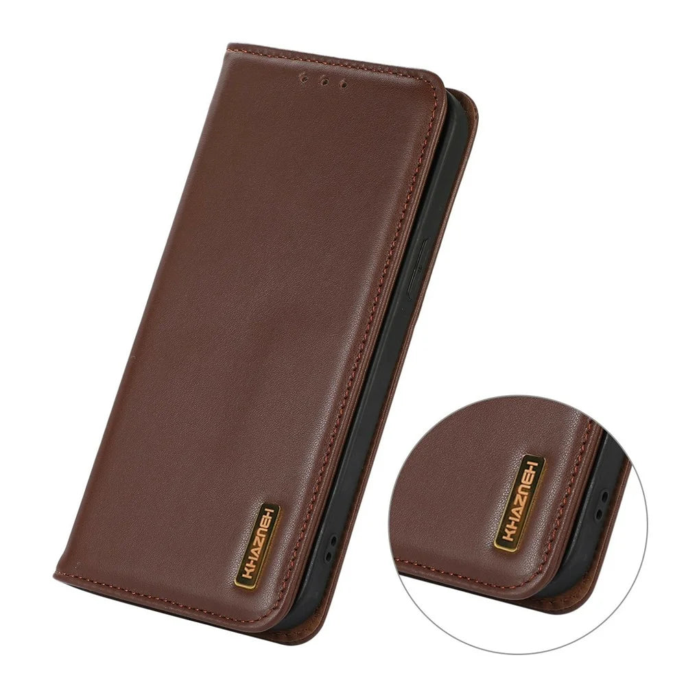 KHAZNEH For Samsung Galaxy A57 5G Case Wallet Genuine Cow Leather Phone Cover Nappa Texture - Brown - 4