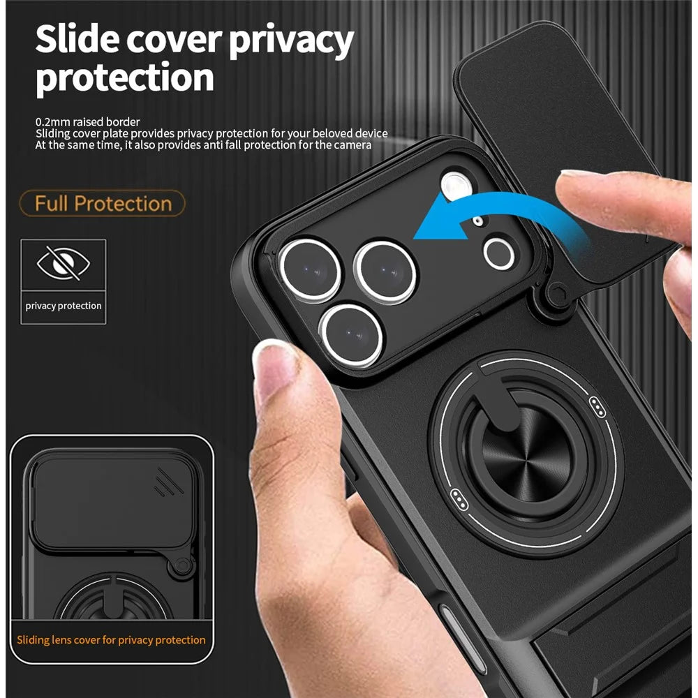 For iPhone 17 Pro Case Compatible with MagSafe Ring Holder Foldable Kickstand TPU PC Phone Cover with Camera Lens Slider - Black - 5