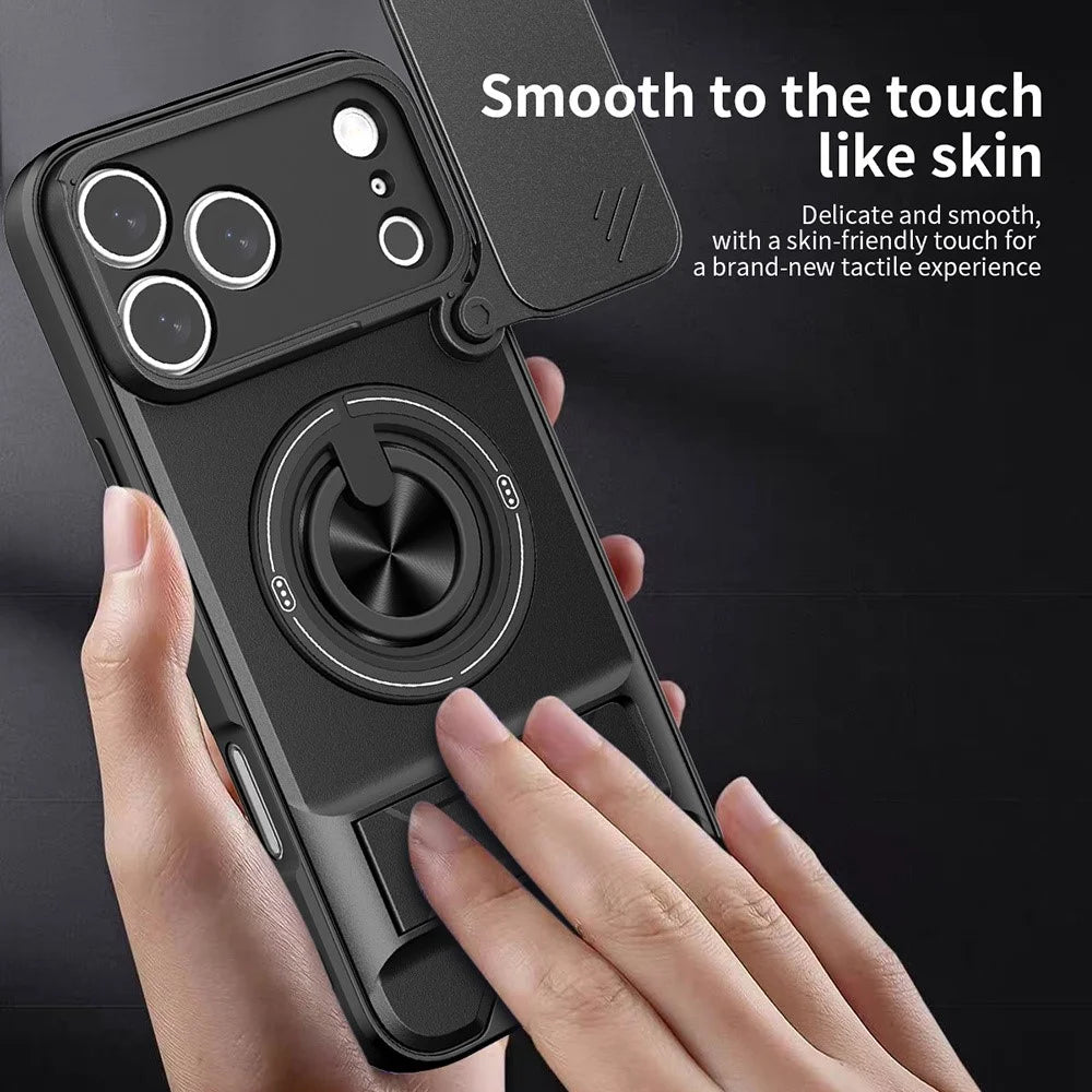 For iPhone 17 Pro Case Compatible with MagSafe Ring Holder Foldable Kickstand TPU PC Phone Cover with Camera Lens Slider - Black - 6