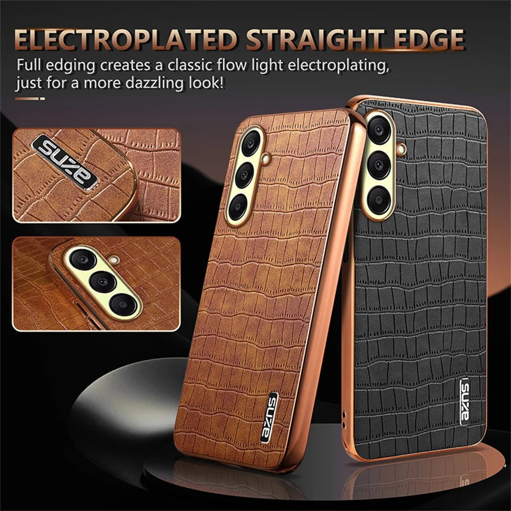 AZNS For Samsung Galaxy A37 5G Case Electroplating Crocodile Texture PU + TPU Phone Cover - Black - 3
