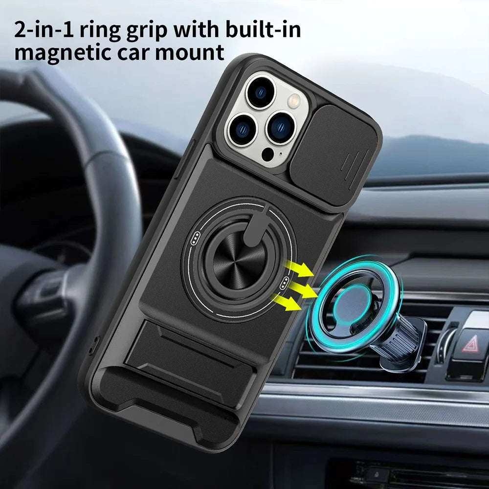 For iPhone 14 Pro Case Compatible with MagSafe Ring Holder Foldable Kickstand TPU PC Phone Cover with Camera Lens Slider - Black - 2