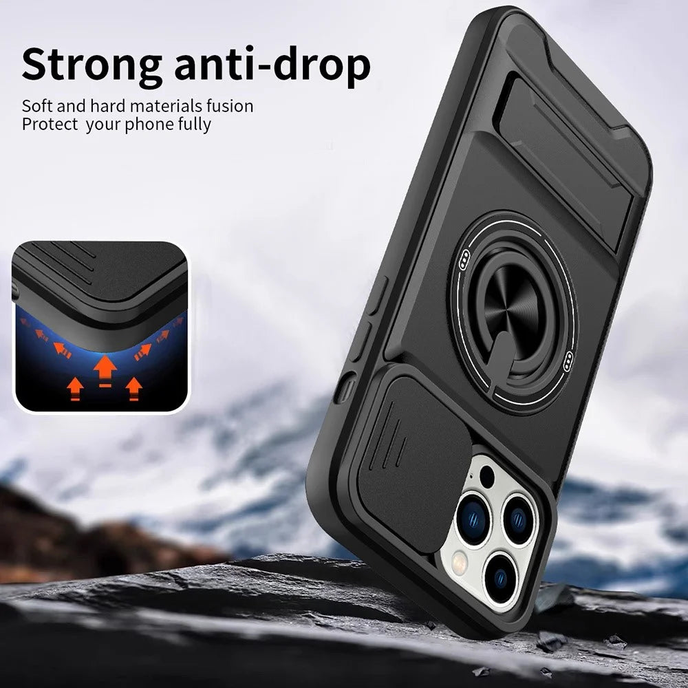 For iPhone 14 Pro Case Compatible with MagSafe Ring Holder Foldable Kickstand TPU PC Phone Cover with Camera Lens Slider - Black - 3