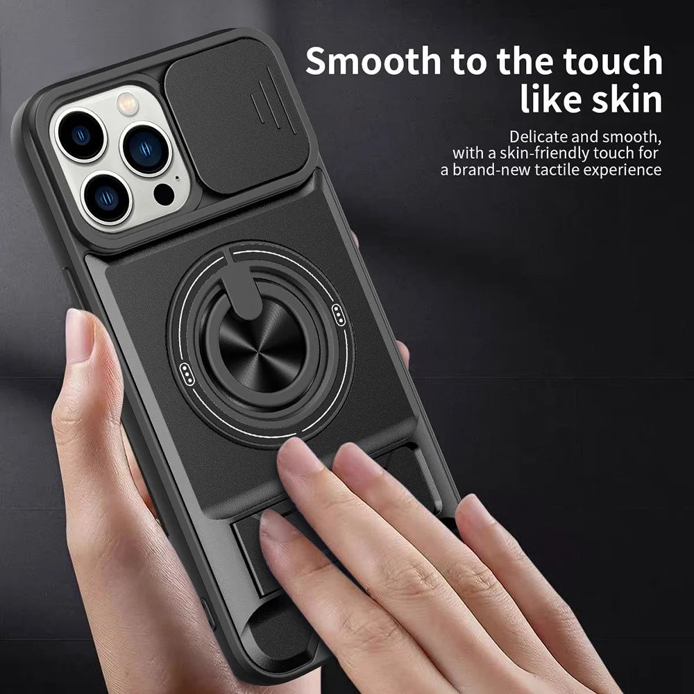 For iPhone 14 Pro Case Compatible with MagSafe Ring Holder Foldable Kickstand TPU PC Phone Cover with Camera Lens Slider - Black - 4