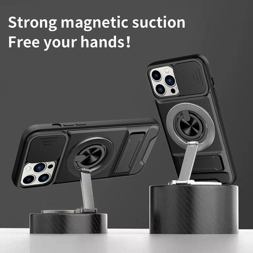For iPhone 14 Pro Case Compatible with MagSafe Ring Holder Foldable Kickstand TPU PC Phone Cover with Camera Lens Slider - Black - 6