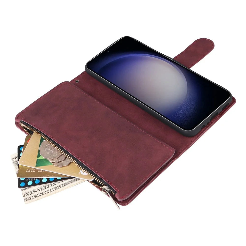 For Samsung Galaxy S26+ Case Zipper Wallet Multiple Card Slots Leather Phone Cover with Wrist Strap - Wine Red - 5