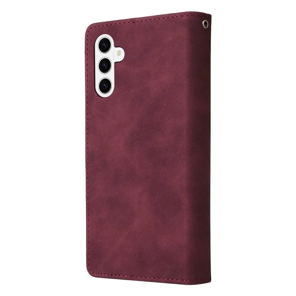 For Samsung Galaxy S26+ Case Zipper Wallet Multiple Card Slots Leather Phone Cover with Wrist Strap - Wine Red - 7
