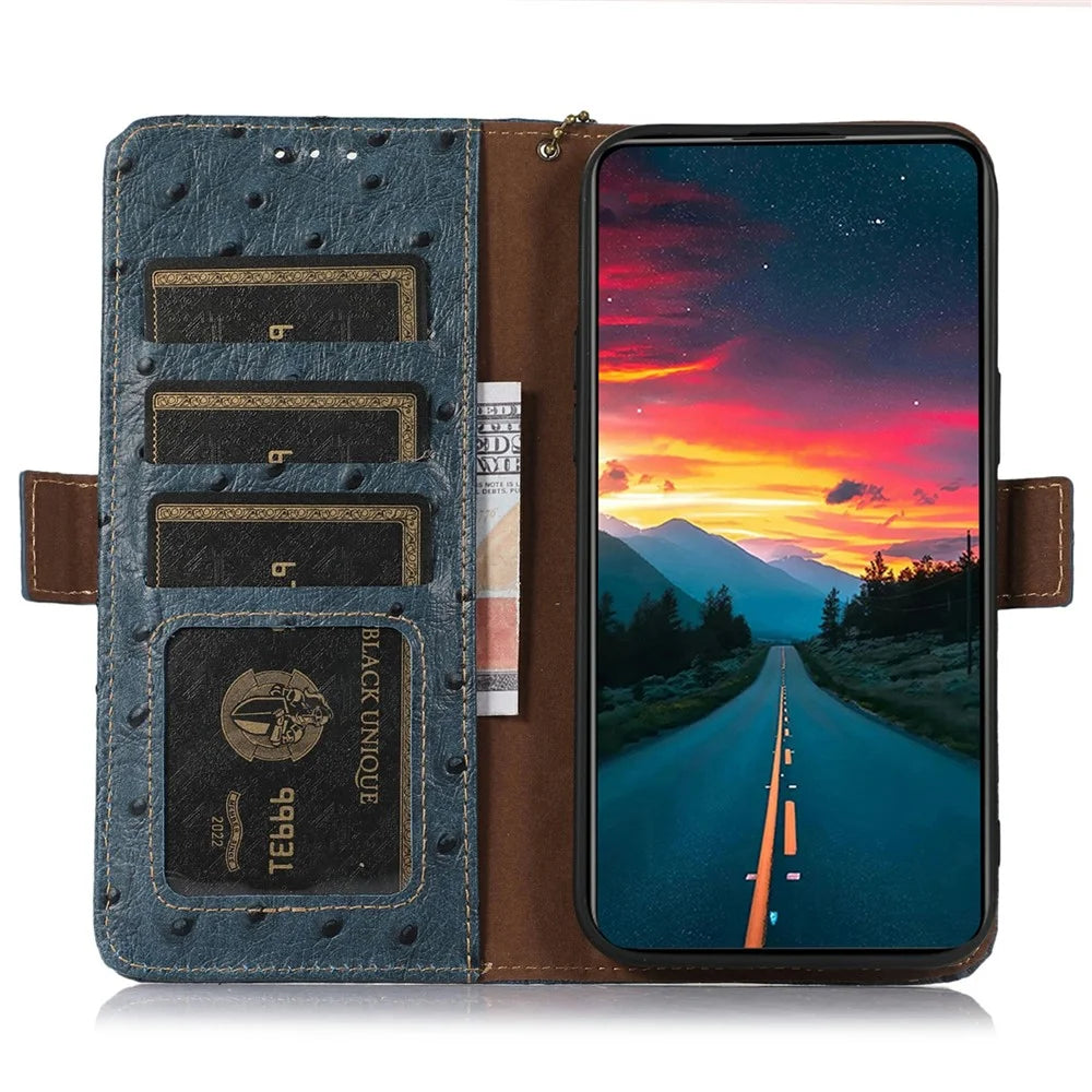 For OnePlus 15R 5G / Ace 6T 5G / Ace 6 5G Case RFID Blocking Genuine Cow Leather Phone Case Ostrich Texture - Blue - 2