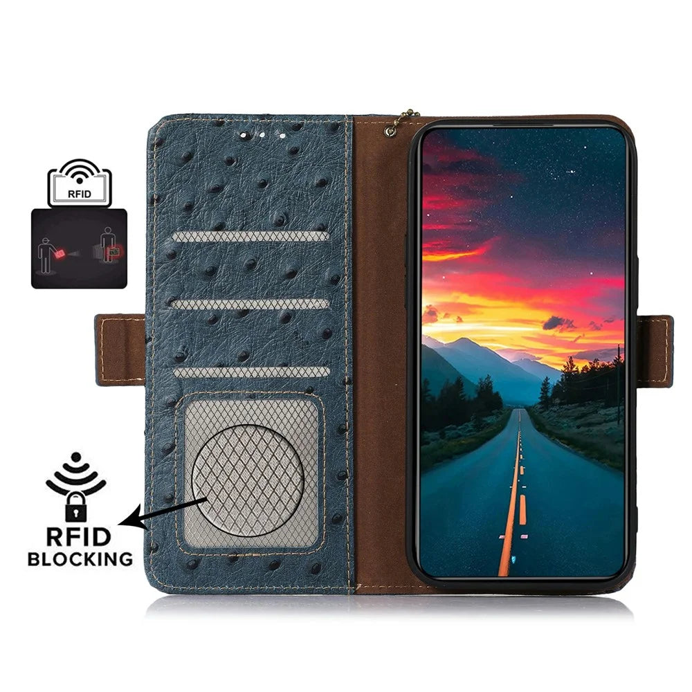 For OnePlus 15R 5G / Ace 6T 5G / Ace 6 5G Case RFID Blocking Genuine Cow Leather Phone Case Ostrich Texture - Blue - 4