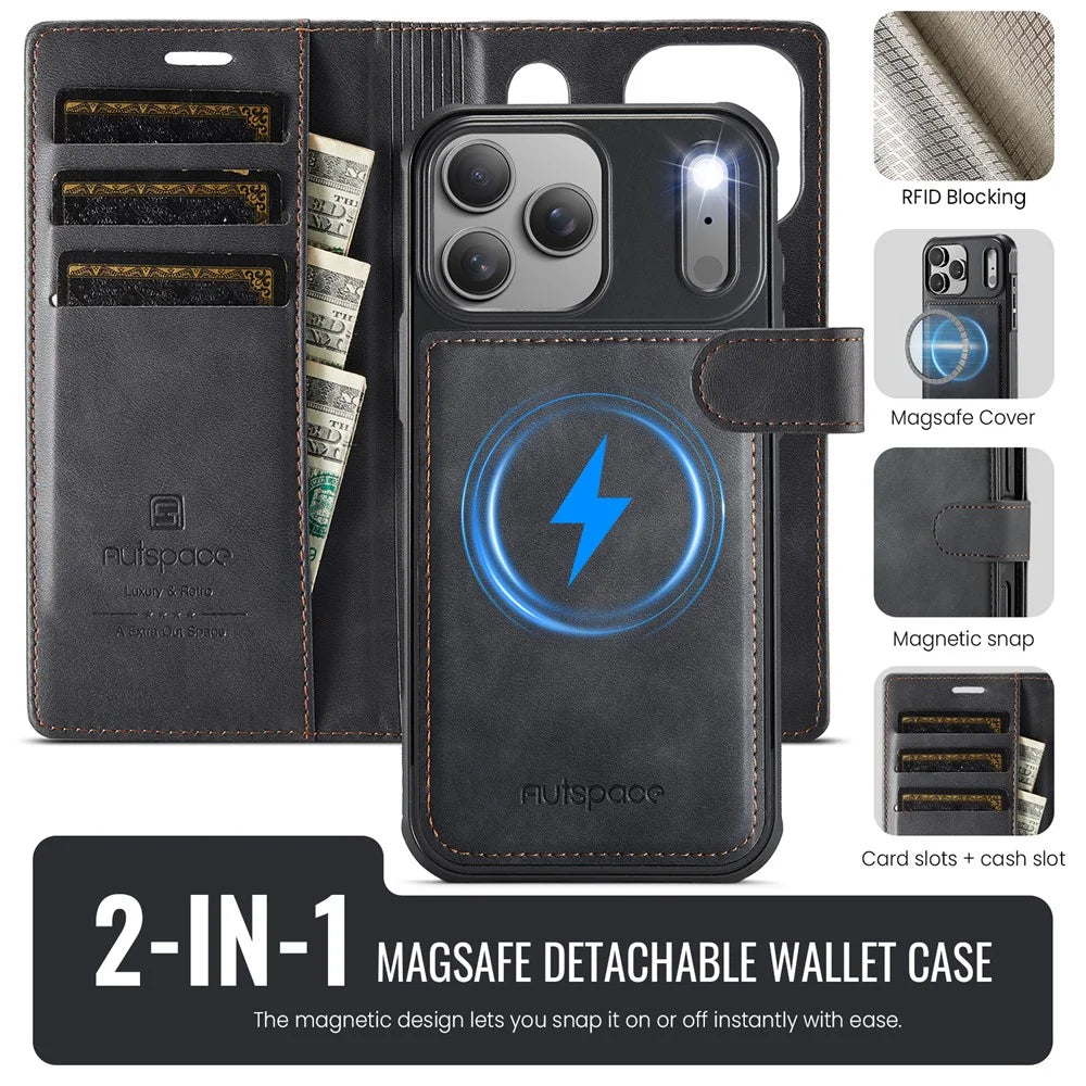 AUTSPACE A05 For iPhone 17 Pro Max Case Wallet Stand Detachable Leather Magnetic Phone Cover - Black - 2