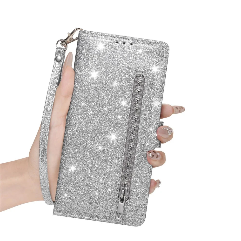 For Samsung Galaxy A37 5G Stand Case Glitter Phone Leather Cover Zipper Pocket - Silver - 4