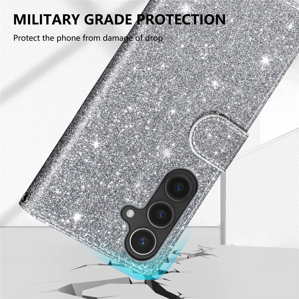 For Samsung Galaxy A37 5G Stand Case Glitter Phone Leather Cover Zipper Pocket - Silver - 6