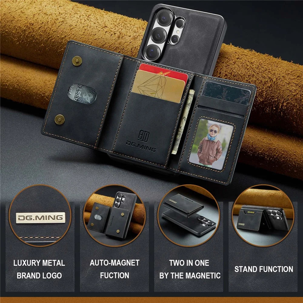 DG.MING M2 Series for Samsung Galaxy S26 Ultra PU Leather Tri-Fold Multiple Card Slots Holder Pocket Purse - Black - 4