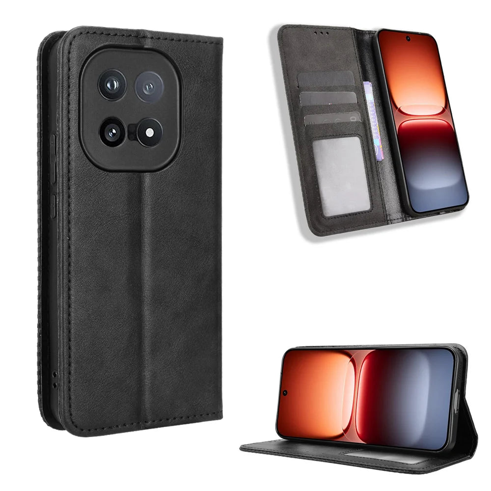For vivo iQOO 15 5G Leather Case Wallet Stand Retro Texture Phone Cover - Black - 1
