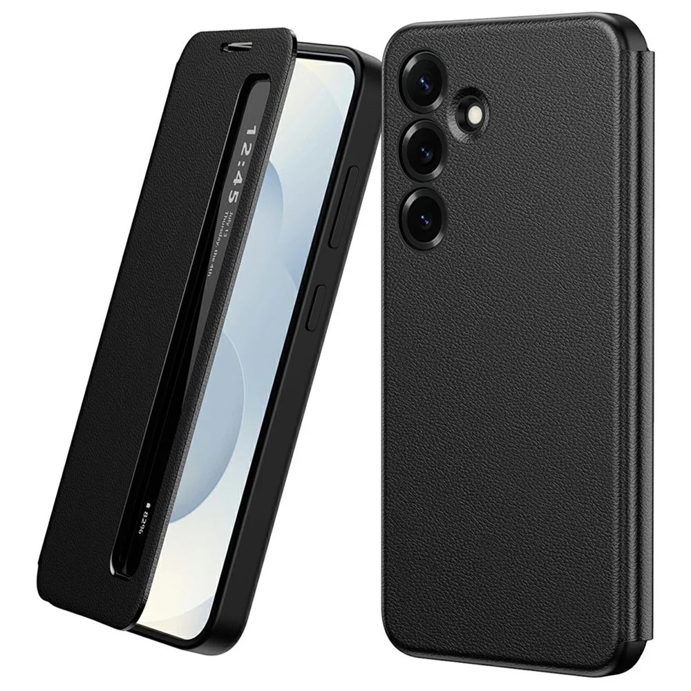 For Samsung Galaxy S25+ Case Smart View Window Leather Phone Cover - Black - 1