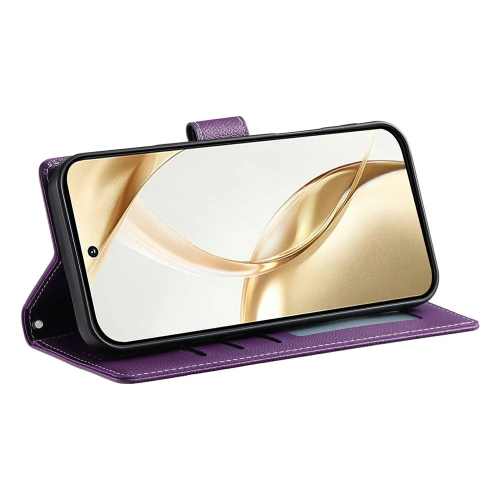 For Samsung Galaxy A57 5G Case Magnetic Snap Litchi Texture Leather Wallet Phone Cover with Wrist Strap - Purple - 4