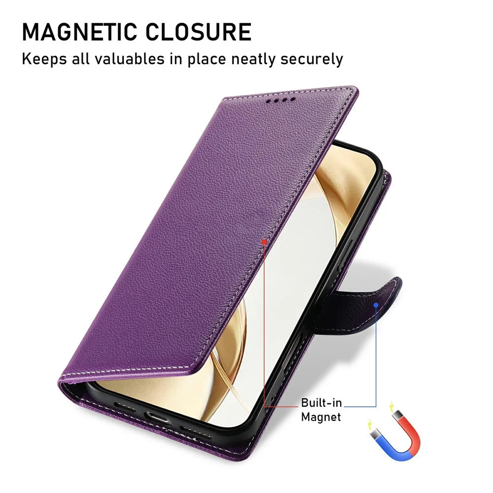 For Samsung Galaxy A57 5G Case Magnetic Snap Litchi Texture Leather Wallet Phone Cover with Wrist Strap - Purple - 5