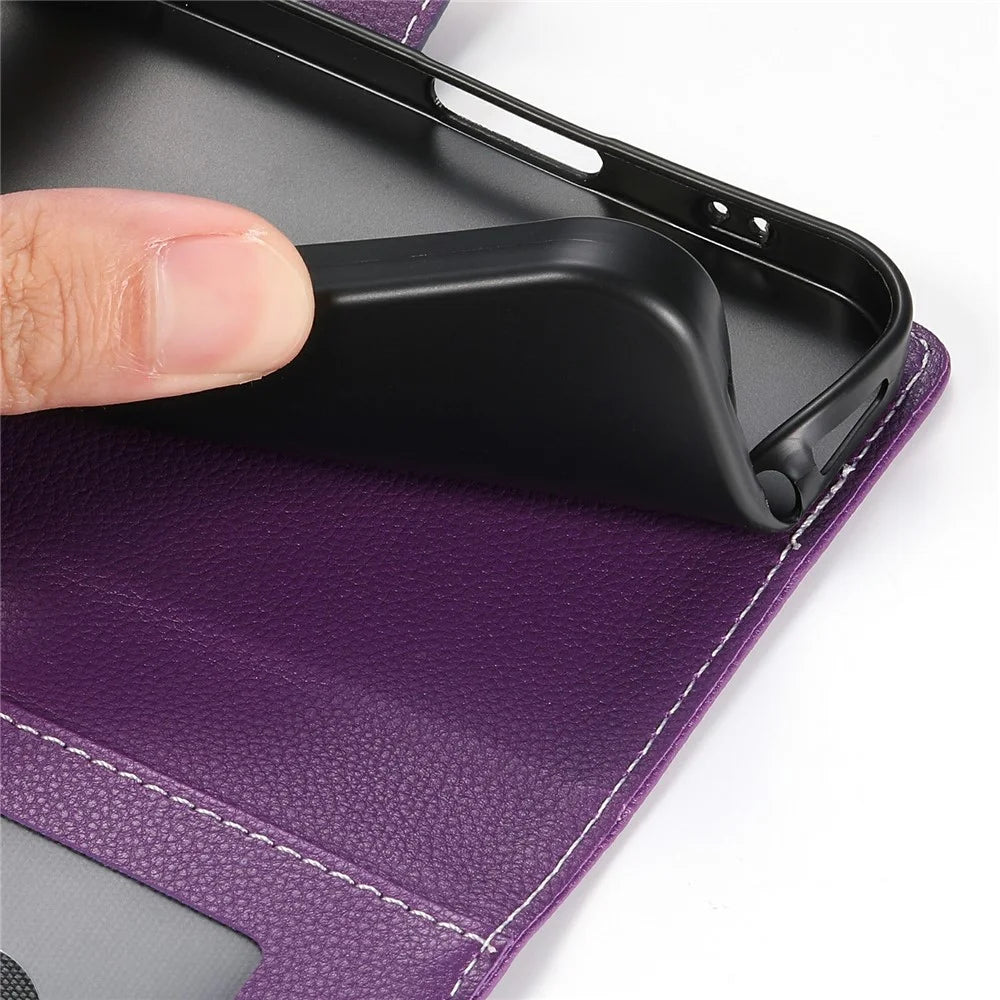 For Samsung Galaxy A57 5G Case Magnetic Snap Litchi Texture Leather Wallet Phone Cover with Wrist Strap - Purple - 6