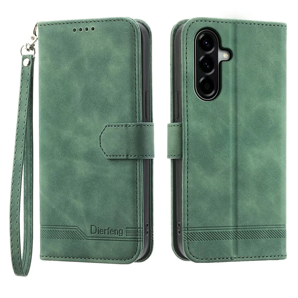 DIERFENG DF-03 For Samsung Galaxy A57 5G Case Lines Imprint Wallet Leather Phone Cover with Wrist Strap - Green - 1