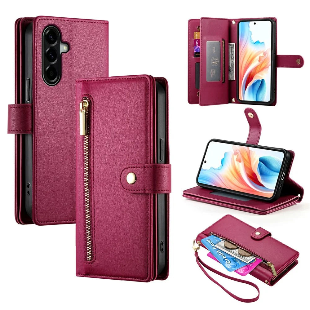 For Samsung Galaxy A57 5G Case Zipper Pocket Wallet Leather Phone Cover with Straps - Red - 1