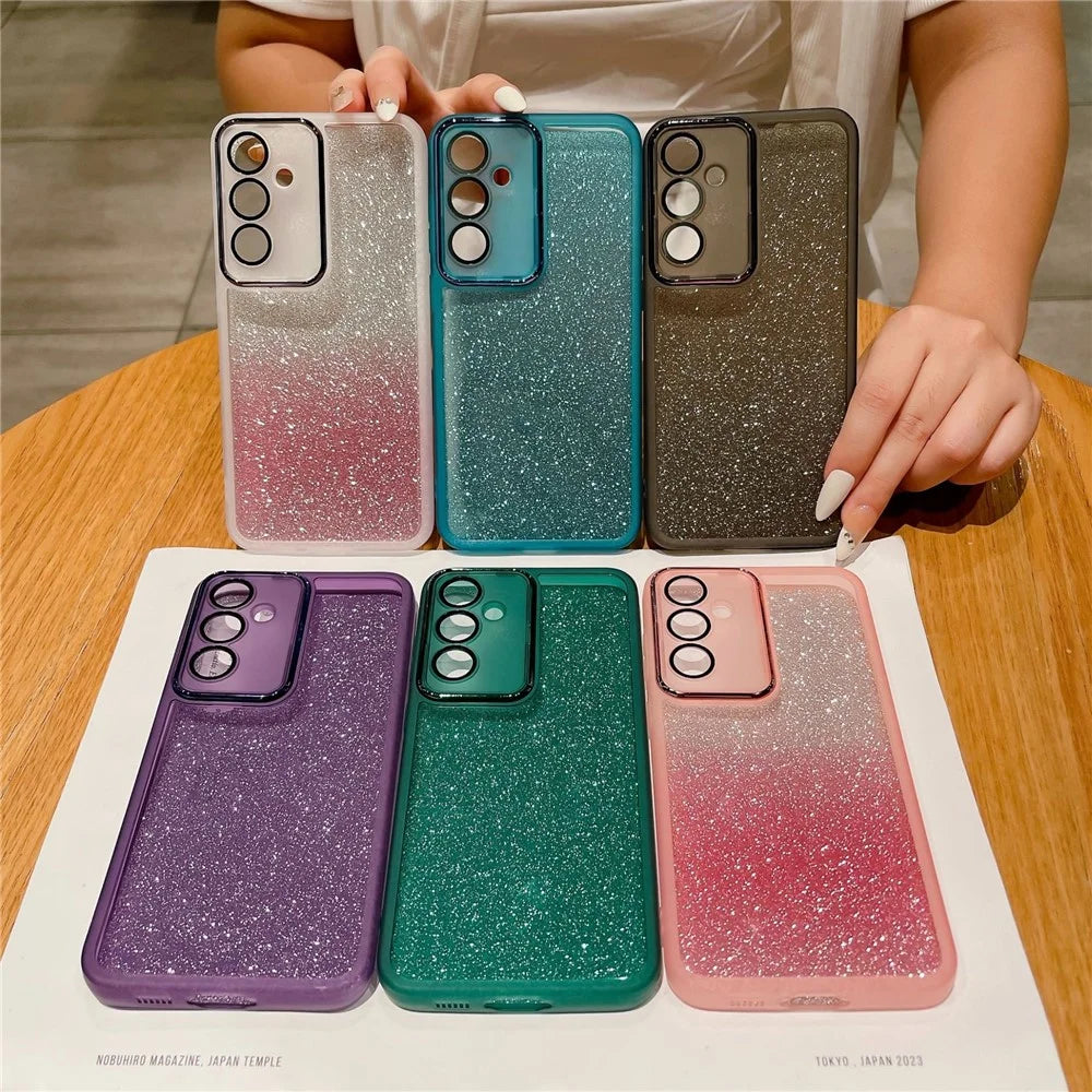 For Samsung Galaxy A37 5G Case Clear TPU Phone Cover With Camera Lens Protector Glitter Sticker - Transparent Black - 2
