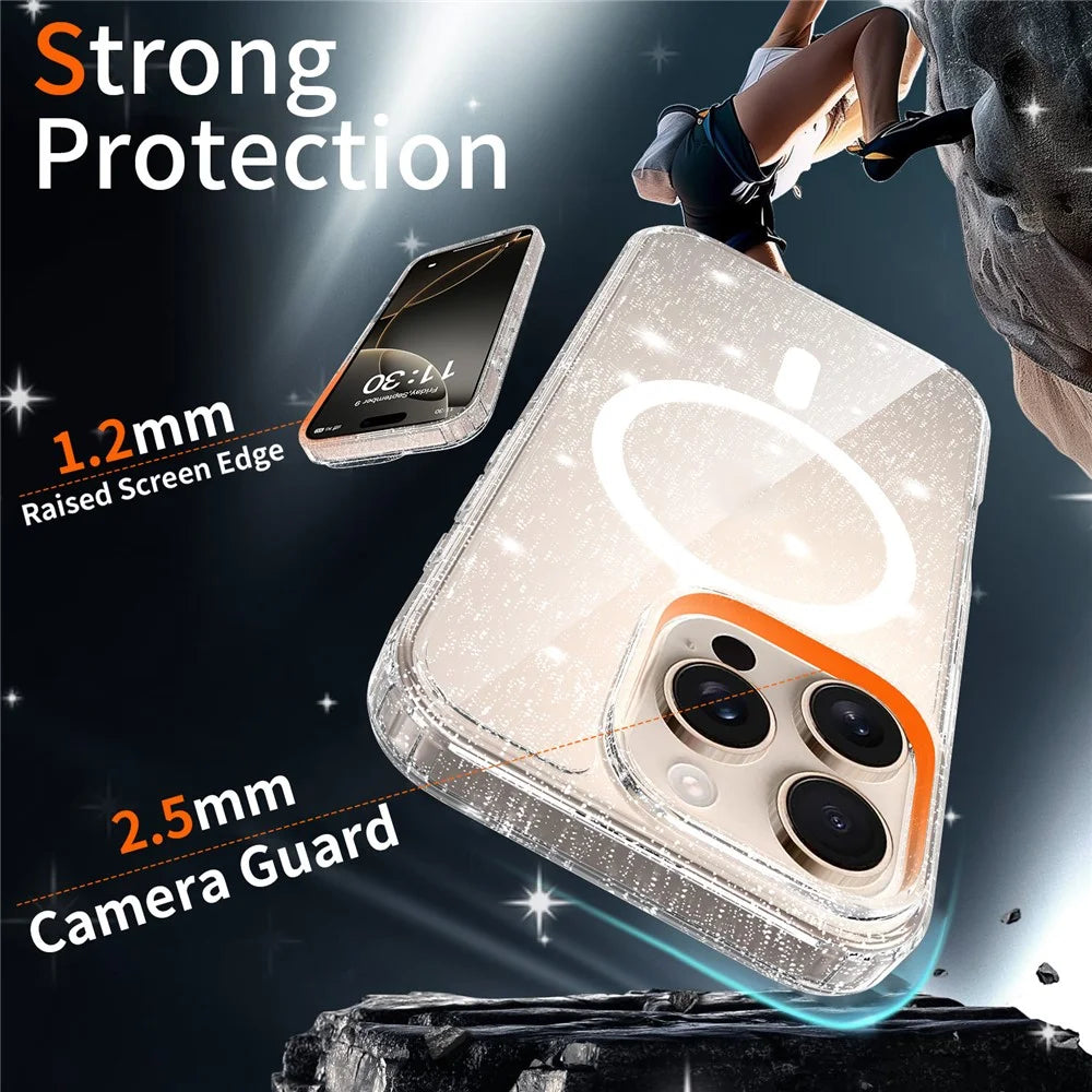 For iPhone 16 Pro Magnetic Case Glitter Powder TPU Scratch-proof Phone Cover with Tempered Glass Compatible with MagSafe - Transparent - 2