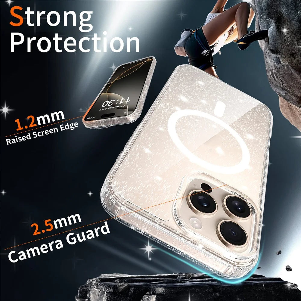 For iPhone 16 Pro Max Magnetic Case Glitter Powder TPU Scratch-proof Phone Cover with Tempered Glass Compatible with MagSafe   - Transparent - 2