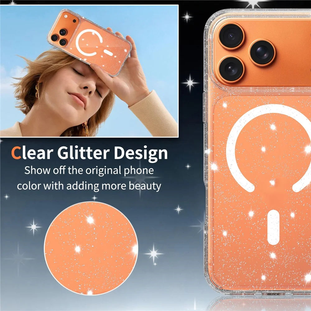 For iPhone 17 Pro Max Magnetic Case Glitter Powder TPU Scratch-proof Phone Cover with Tempered Glass Compatible with MagSafe  - Transparent - 2