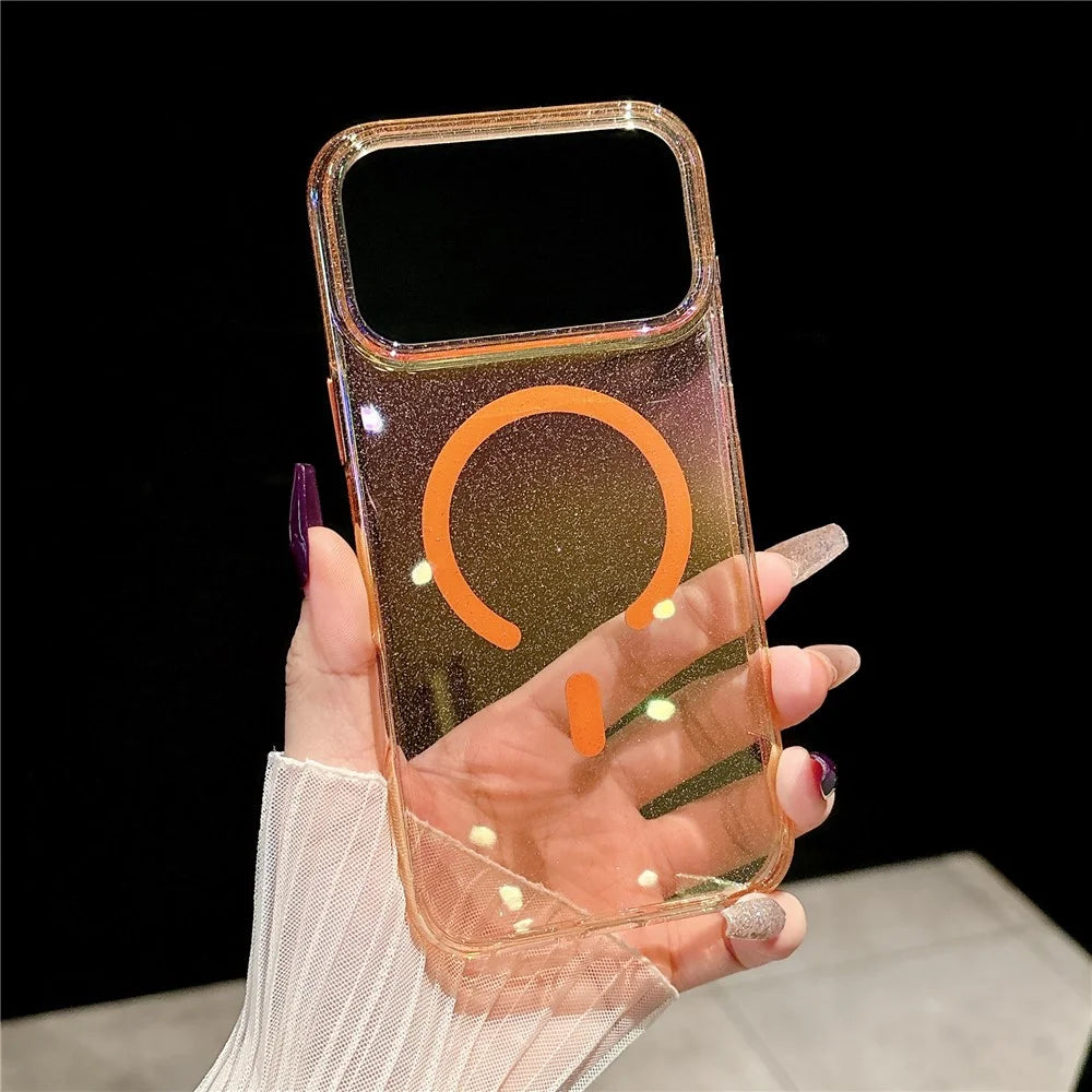 For iPhone 17 Pro Max Magnetic Case Dazzling PC Shockproof Phone Cover with Tempered Glass Compatible with MagSafe - Transparent Orange - 2