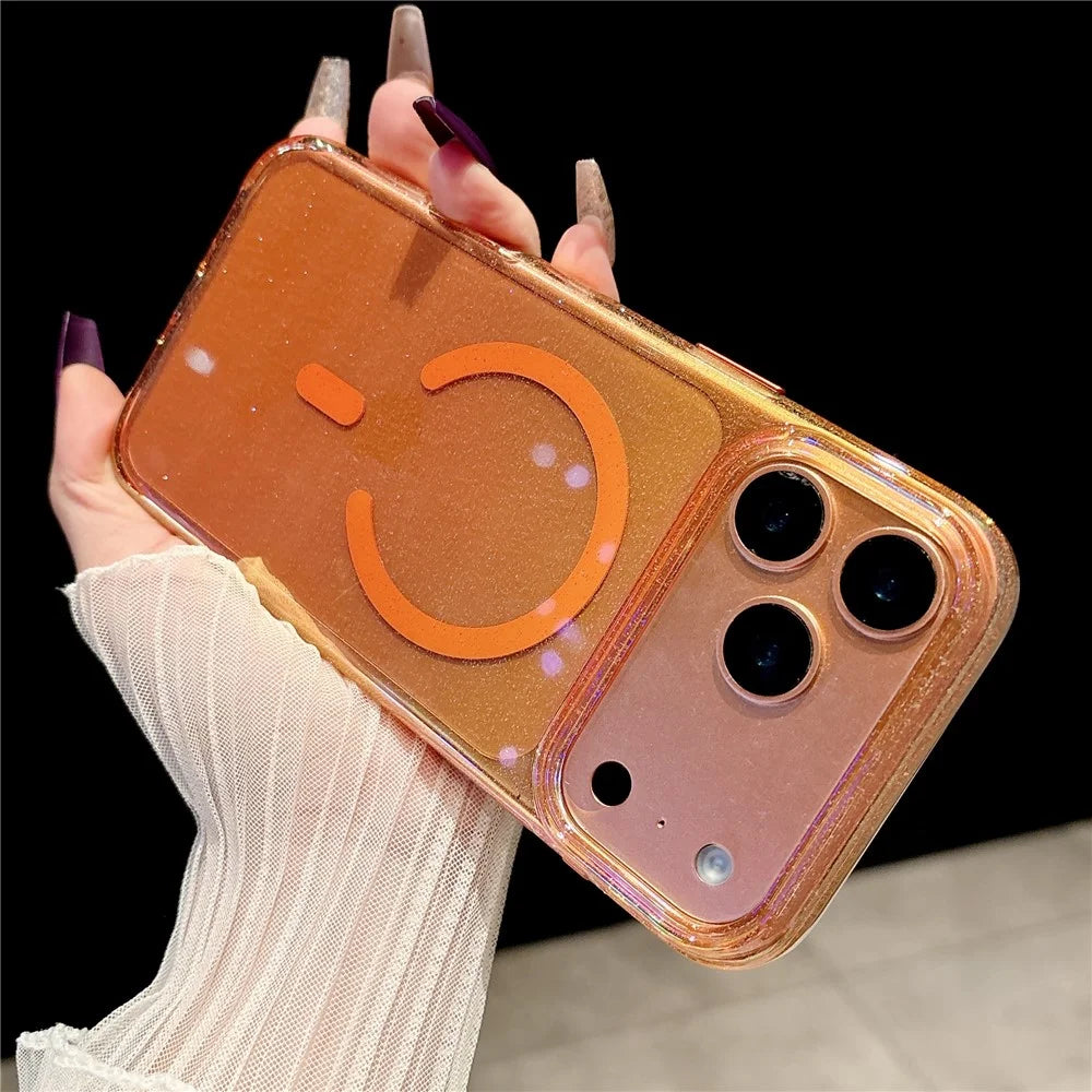 For iPhone 17 Pro Max Magnetic Case Dazzling PC Shockproof Phone Cover with Tempered Glass Compatible with MagSafe - Transparent Orange - 4