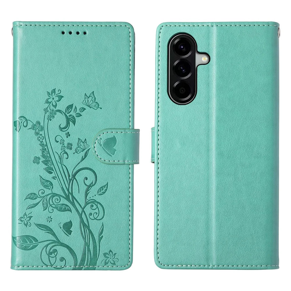 For Samsung Galaxy A37 5G Wallet Case Butterfly Floral Imprint PU Leather Phone Cover with Wrist Strap - Green - 1