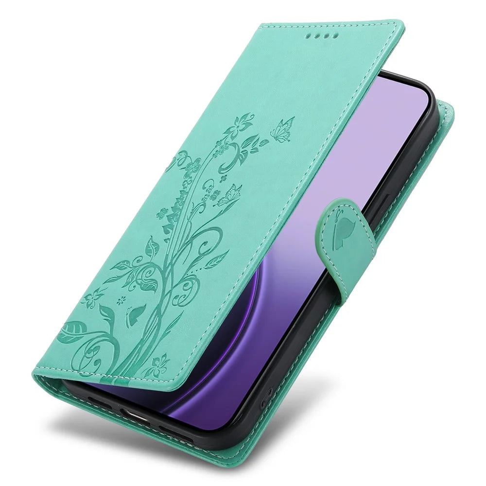 For Samsung Galaxy A37 5G Wallet Case Butterfly Floral Imprint PU Leather Phone Cover with Wrist Strap - Green - 5