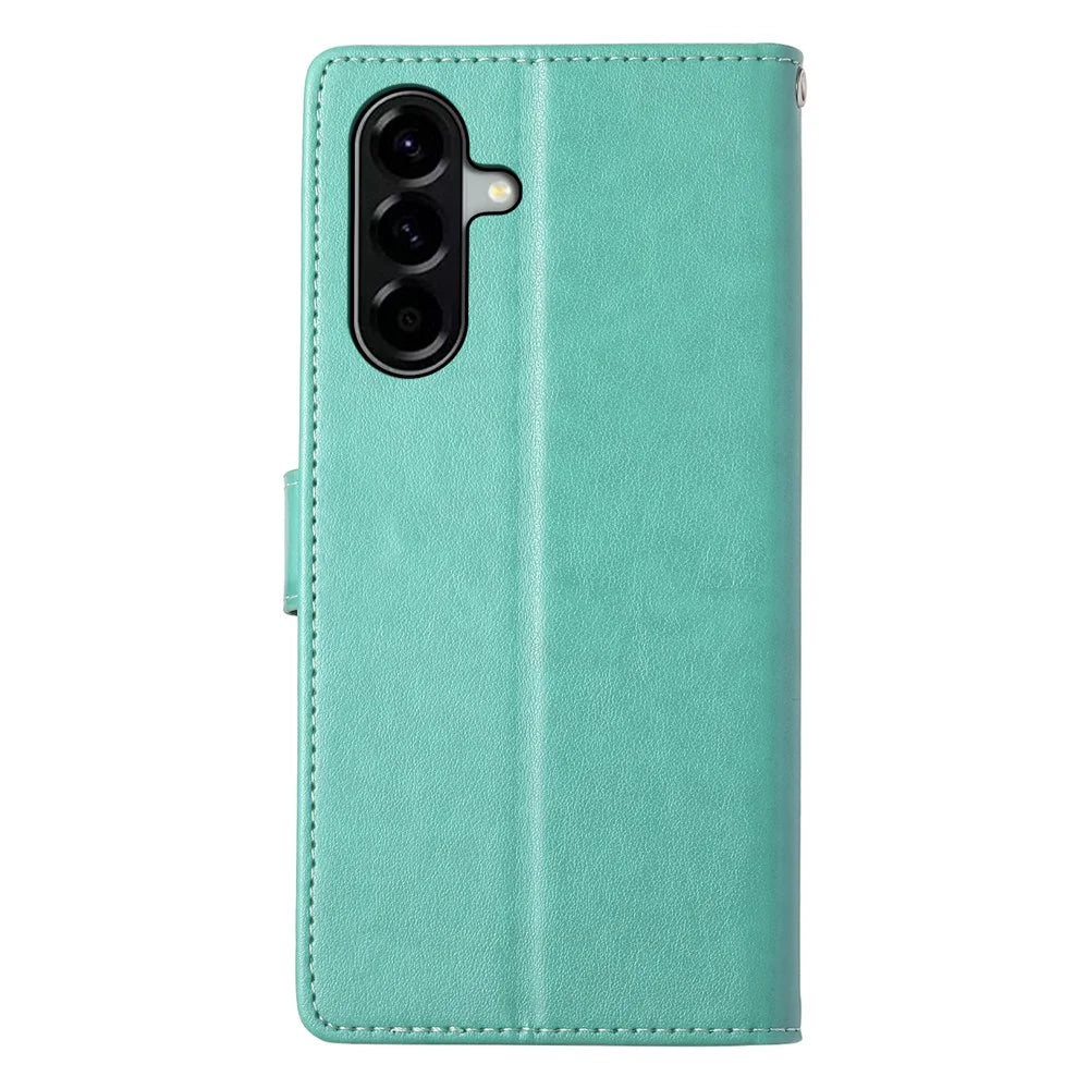 For Samsung Galaxy A37 5G Wallet Case Butterfly Floral Imprint PU Leather Phone Cover with Wrist Strap - Green - 7