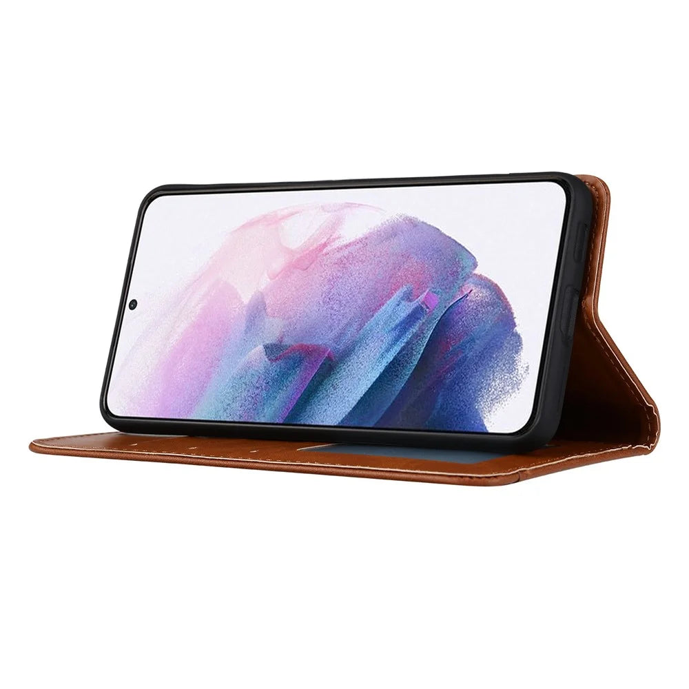 For Samsung Galaxy S23 Magnetic Auto-absorbed Phone Case Front Card Slot Design PU Leather Phone Cover Wallet Stand - Brown - 2