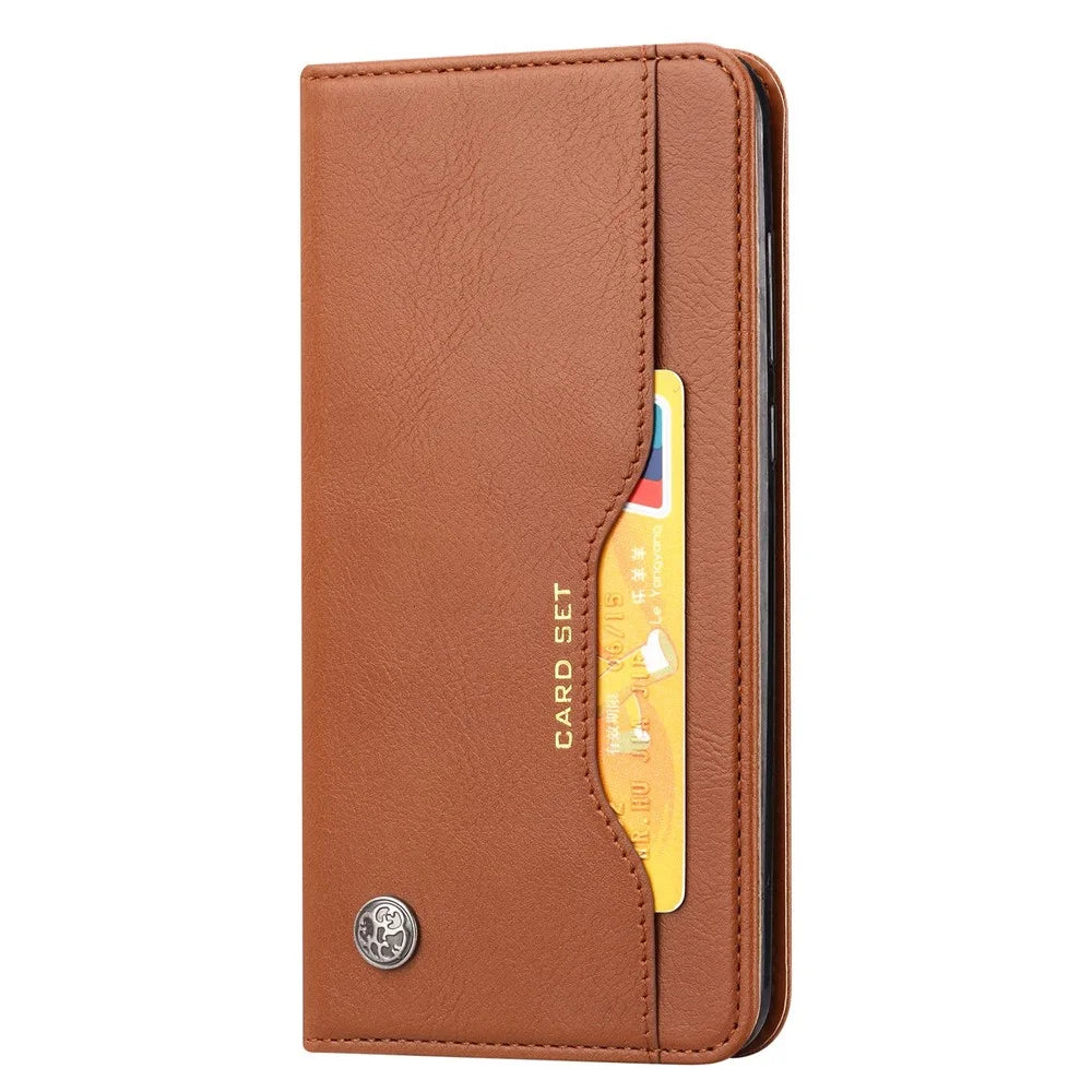 For Samsung Galaxy S23 Magnetic Auto-absorbed Phone Case Front Card Slot Design PU Leather Phone Cover Wallet Stand - Brown - 5
