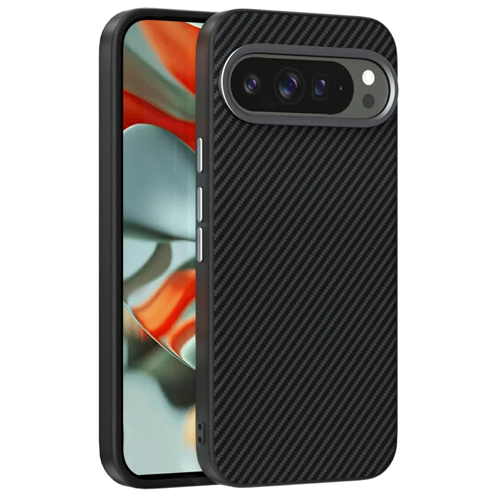 ABEEL For Google Pixel 9  /  9 Pro Magnetic Case Carbon Fiber Texture TPU PC PU Phone Back Cover - Black - 1