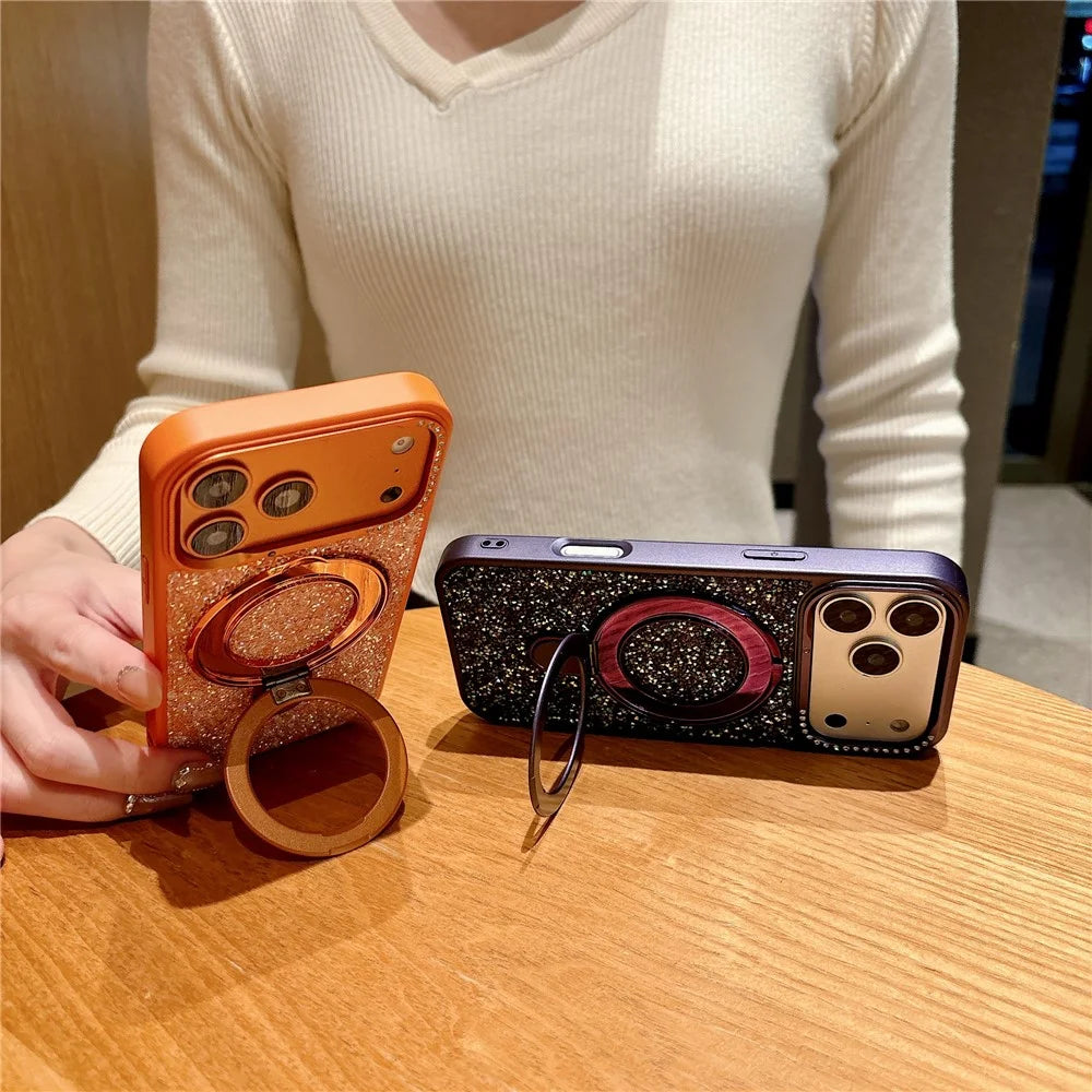 For iPhone 17 Pro Magnetic Case Glitter Design Ring Kickstand TPU + Acrylic Phone Cover with Screen Protector - Orange - 3