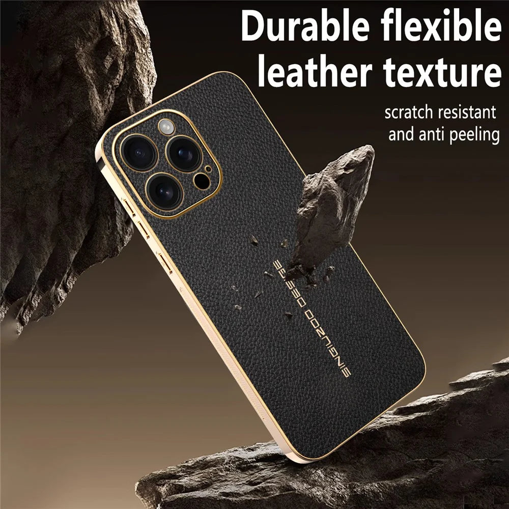 For iPhone 16 Pro Max Case Anti Scratch Litchi Texture TPU Leather PU Phone Back Cover - Black - 5