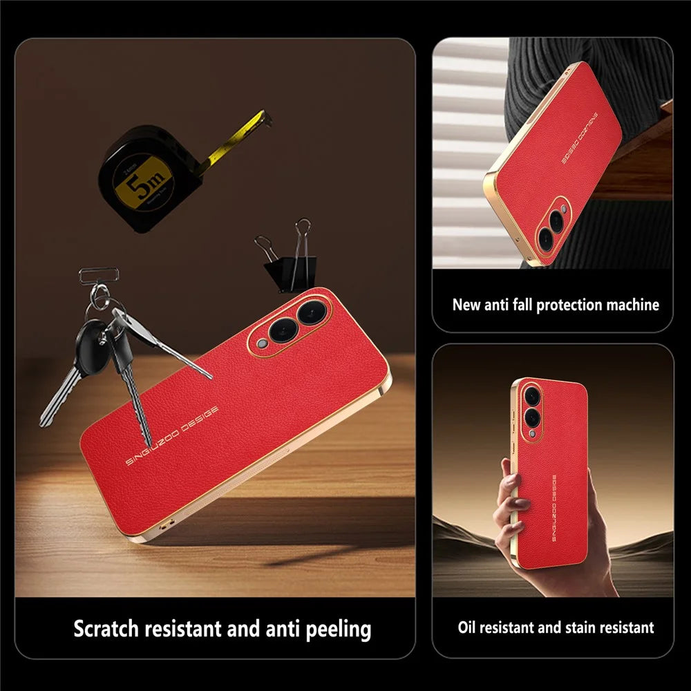 For Samsung Galaxy S25 Edge Case Anti Scratch Litchi Texture TPU Leather PU Phone Back Cover - Red - 3