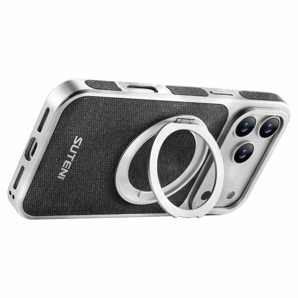SUTENI G6 for iPhone 17 Pro Max Magnetic Case Rotating Kickstand Electroplating Jean Cloth Texture Leather Back Cover - Black - 3