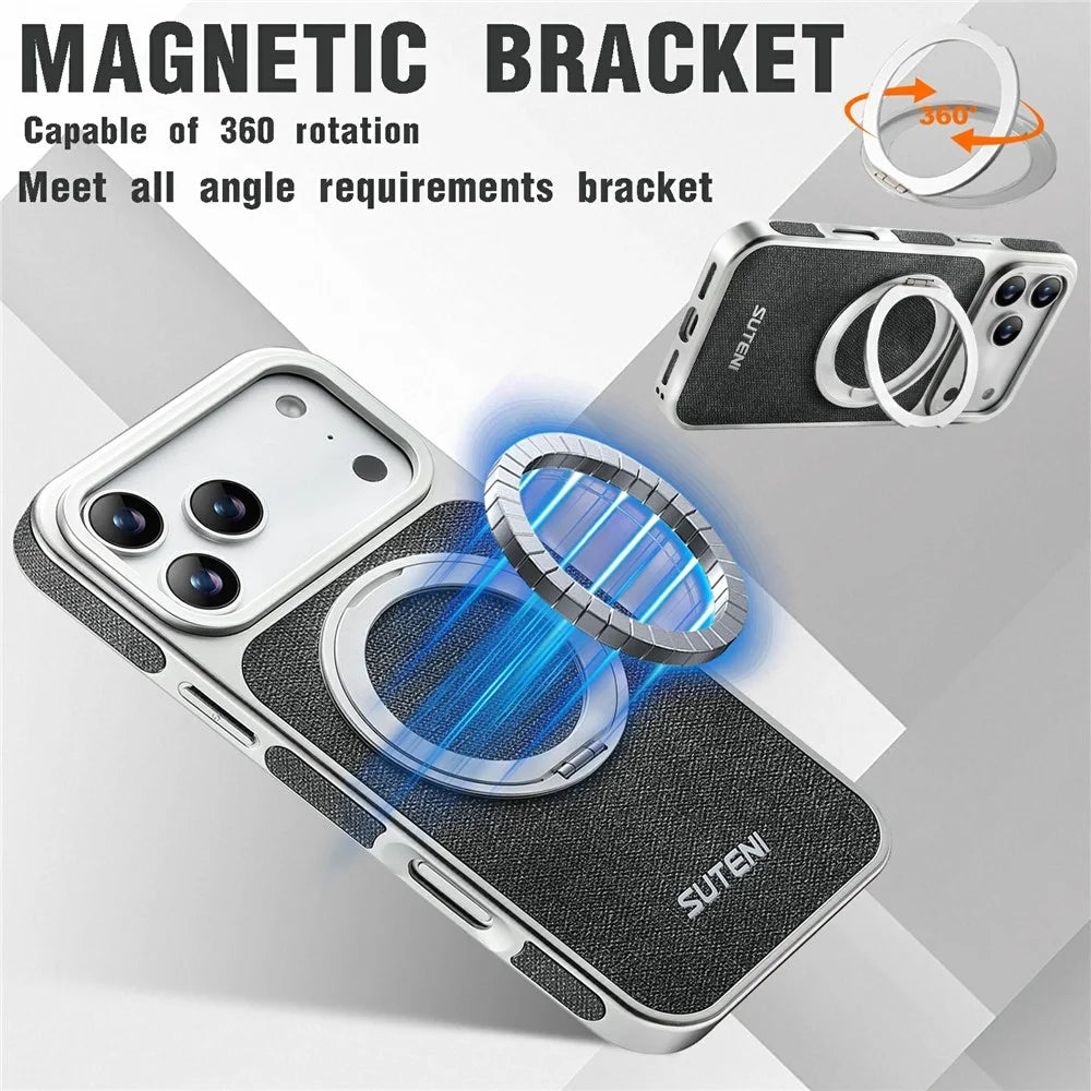 SUTENI G6 for iPhone 17 Pro Magnetic Case Rotating Kickstand Electroplating Jean Cloth Texture Leather Back Cover - Black - 5