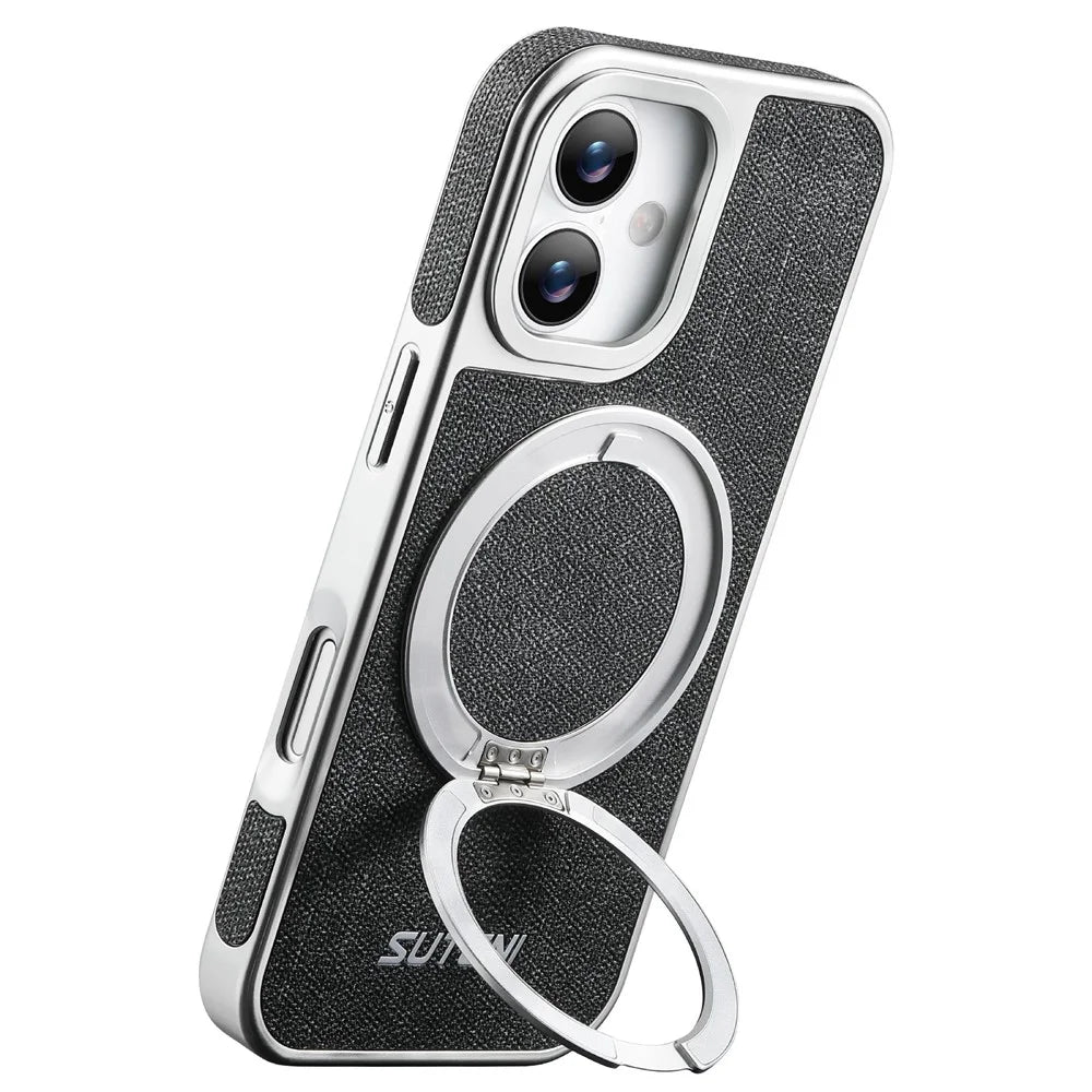 SUTENI G6 for iPhone 17 Magnetic Case Rotating Kickstand Electroplating Jean Cloth Texture Leather Back Cover - Black - 2
