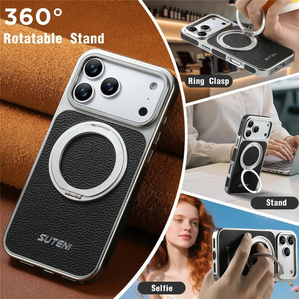 SUTENI G6 for iPhone 17 Pro Max Magnetic Case Rotating Kickstand Electroplating Litchi Texture Leather Back Cover - Black - 7