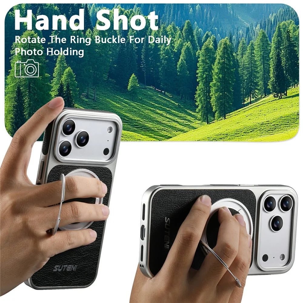 SUTENI G6 for iPhone 17 Pro Magnetic Case Rotating Kickstand Electroplating Crazy Horse Texture Leather Back Cover - Black - 3