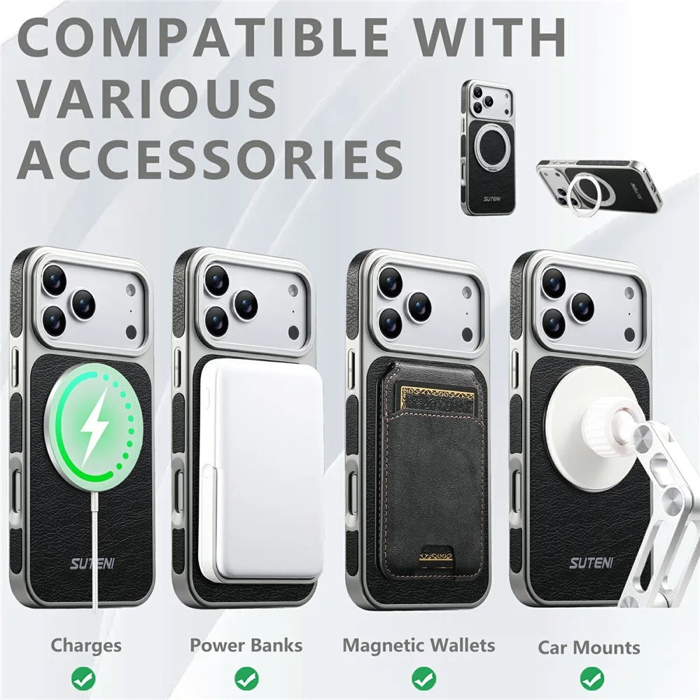 SUTENI G6 for iPhone 17 Pro Magnetic Case Rotating Kickstand Electroplating Crazy Horse Texture Leather Back Cover - Black - 5