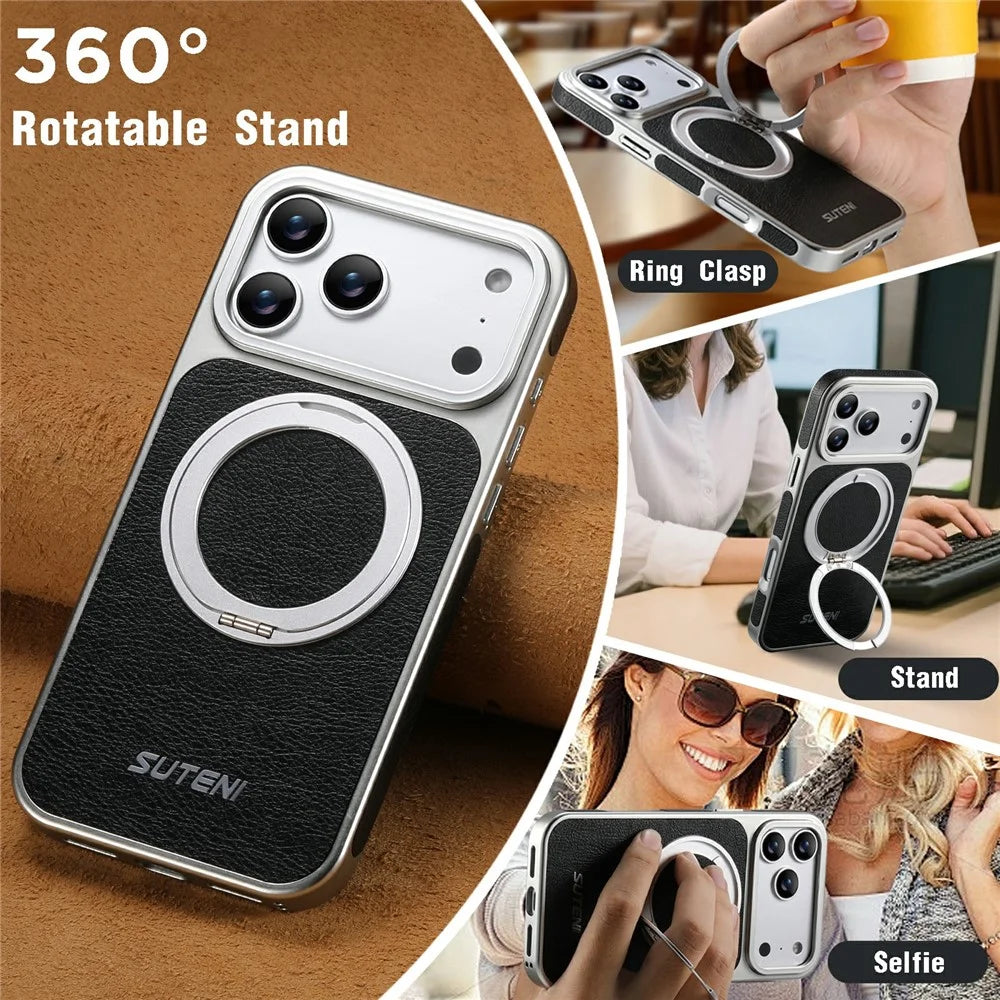 SUTENI G6 for iPhone 17 Pro Magnetic Case Rotating Kickstand Electroplating Crazy Horse Texture Leather Back Cover - Black - 7