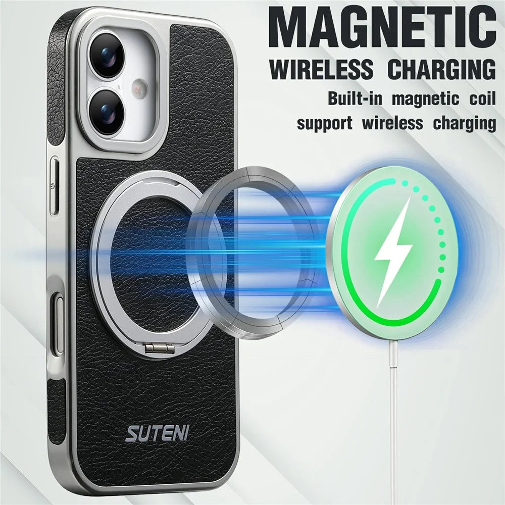 SUTENI G6 for iPhone 17 Magnetic Case Rotating Kickstand Electroplating Crazy Horse Texture Leather Back Cover - Black - 3
