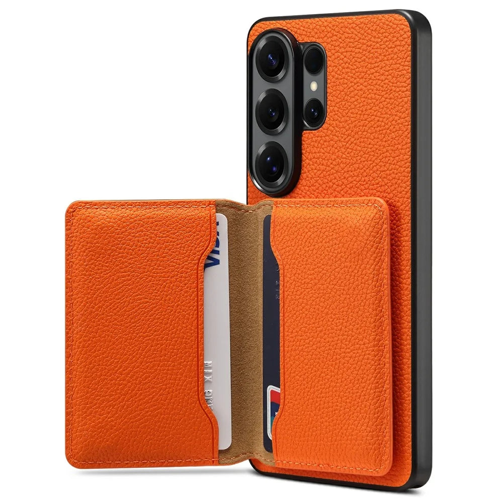DENIOR D30 For Samsung Galaxy S25 Ultra Magnetic Case Detachable Card Holder Kickstand Litchi Texture Leather Back Phone Cover - Orange - 2