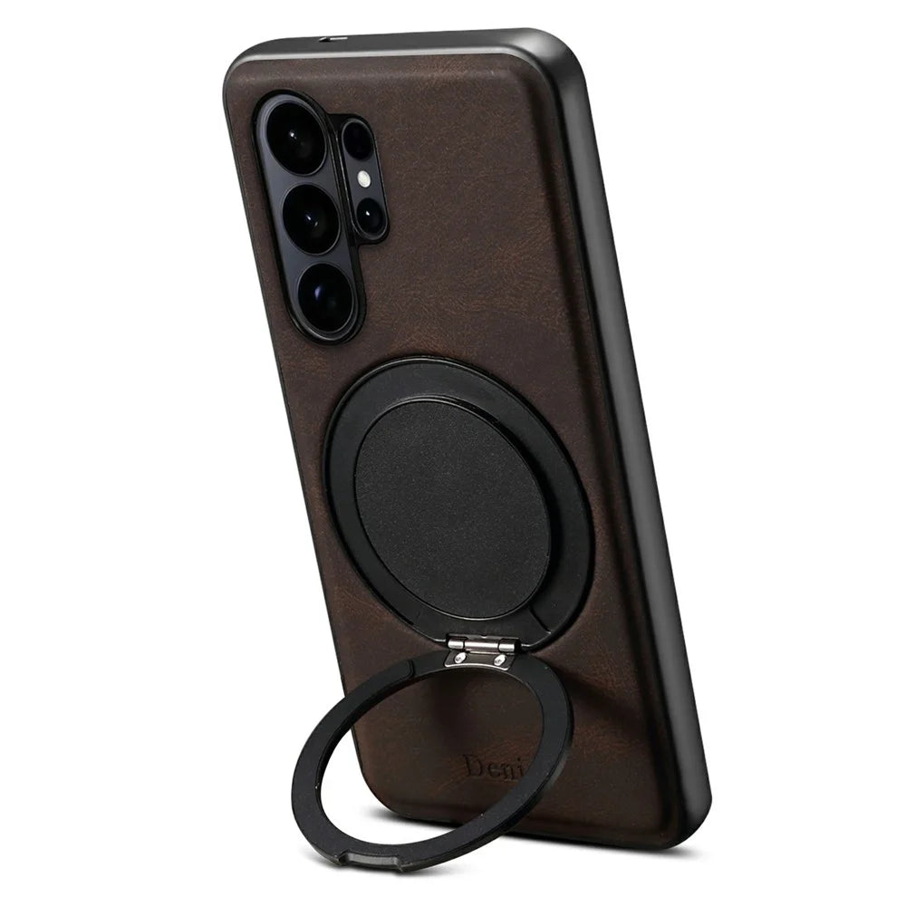 DENIOR A14 For Samsung Galaxy S26 Ultra Magnetic Case Rotary Kickstand Leather PC TPU Phone Cover - Brown - 3