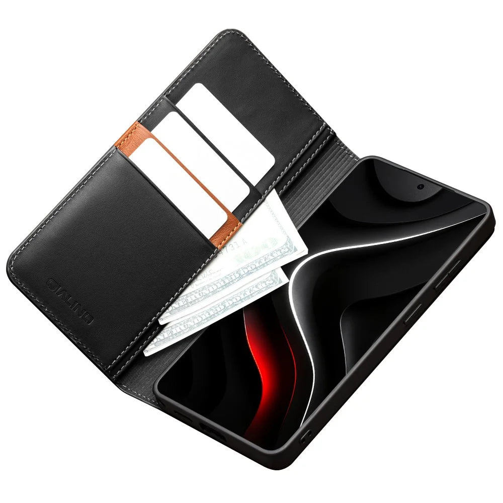 QIALINO For Samsung Galaxy S26 Ultra Wallet Case Stand Genuine Cow Leather Flip Phone Cover - Black - 3